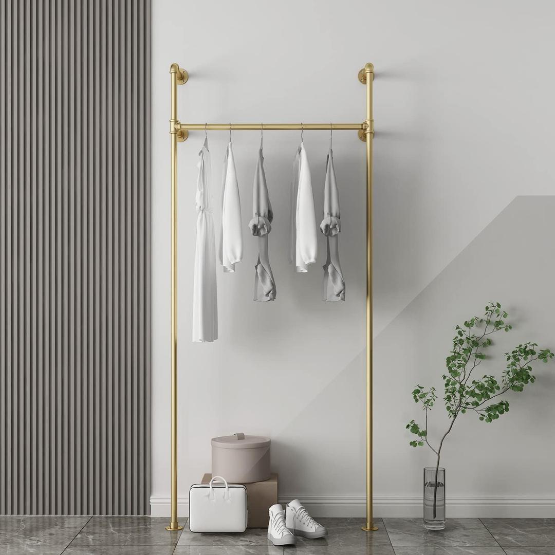 Industrial Pipe Clothing Rack On Wall,Moden Wall Mounted Closet Storage Rack,Hanging Clothes Retail Display Rack,Heavy Duty Steampunk Garment Racks,Gold (Single)