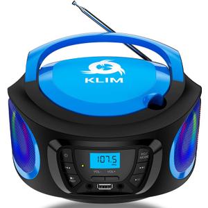 KLIM Boombox Portable Audio System - New - FM Radio CD Player Bluetooth MP3 USB AUX - Includes Rechargeable Batteries - Wired & Wireless Modes - Compact and Sturdy - Blue