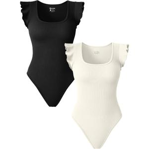 OQQ Women 2 Piece Bodysuits Sexy Ribbed Square Neck Ruffles Sleeve Stretch Fit Basic Tank Tops Bodysuits (Medium, Black,beige)
