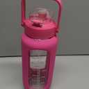 64oz Glass Water Bottles with Straw, Half Gallon Motivational Glass Bottle with Silicone Sleeve and Time Marker, 2L Leakproof Large Glass Water Jug for Gym Home Office, Rose Red