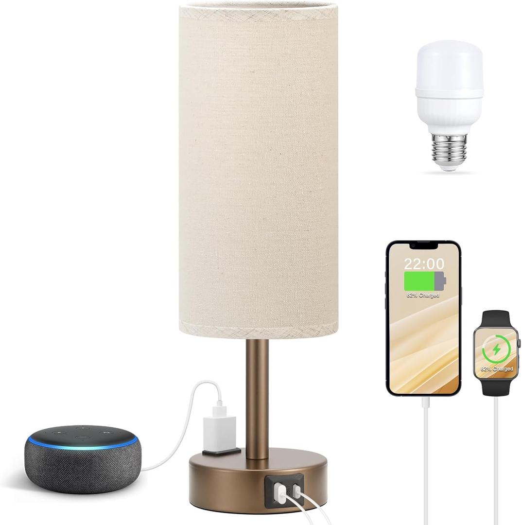 Fenmzee Brown Bedside Table Lamp for Bedroom - 3 Way Dimmable Touch Lamp USB C Charging Ports and AC Outlet, Small Lamp Round Flaxen Fabric Shade for Living Room, Desk, LED Bulb Included