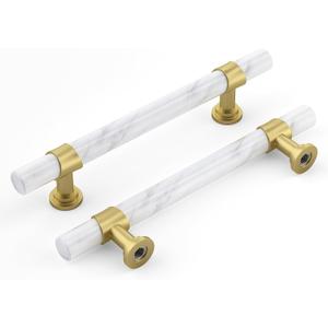 Rergy Cabinet Handles Marble Drawer Pulls and Knobs, 10Pack White Marble & Matte Gold 5inch Hole Center, T-Bar Hardware for Kitchen Dresser Zinc Alloy Furniture