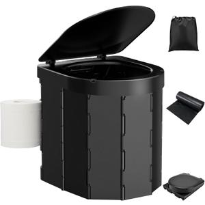 Portable Camping Toilet, Folding Toilet for Adults with Lid and Retractable TP Holder, Waterproof Porta Potty with Carry Bag and Disposible Liners for Camping, Hiking, RV Travel (Black)