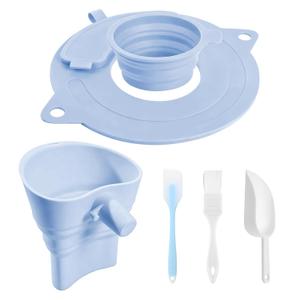 6-Pack Mess Free Flour Funnel Set—Silicone Collapsible Pouring Shield Attachment for KitchenAid Stand Mixer (4.5-5 Qt)—Fits Stainless, Glass&Ceramic Bowls—Incl. Flour Scoop, Scraper, Brush(Blue)