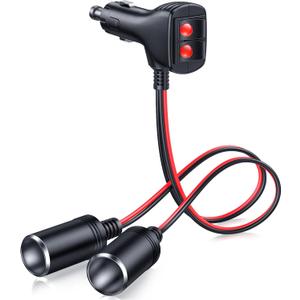 ELECTOP 1 to 2 Car Cigarette Lighter Splitter Adapter Power Charger Port, 12V 24V Plug Socket 2-Way Splitter Y Adapter with Dual Independent Switches, Cigarette Lighter Extension Cord with 10A Fuse