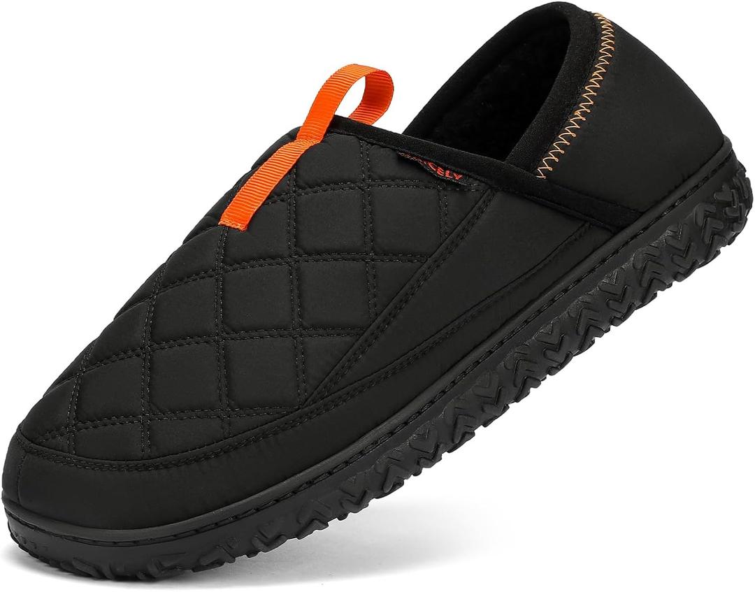 Kricely Mens House Shoes, Slip-On Indoor&Outdoor Slippers with Memory Foam Non-Slip Sole, Fuzzy Comfortable Loafers for Men (12, Black)