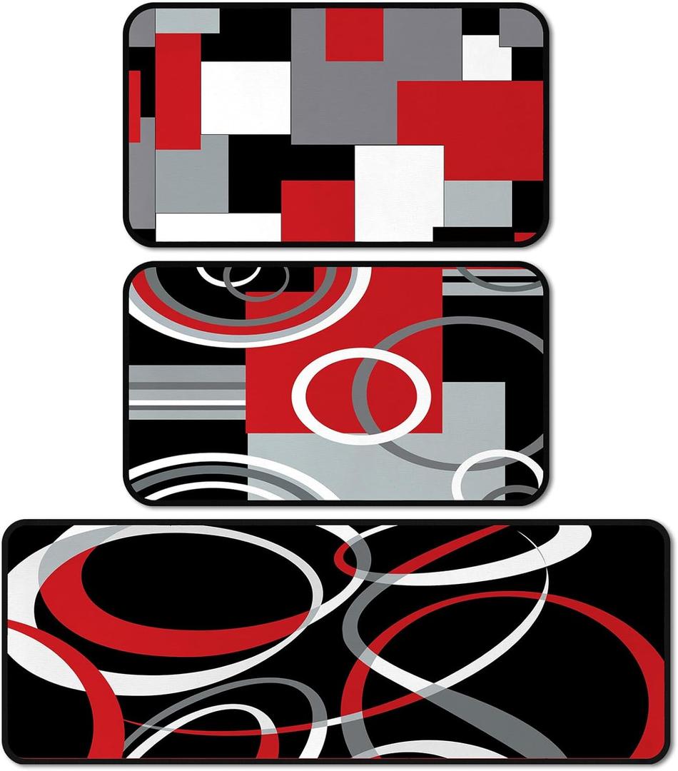 3 Pcs Geometric Kitchen Rugs and Mats Set Red and Black Floor Mat Non Slip Washable Minimalist Runner Rug Modern Abstract Kitchen Decor for Home Bar Office Bathroom Door Decor