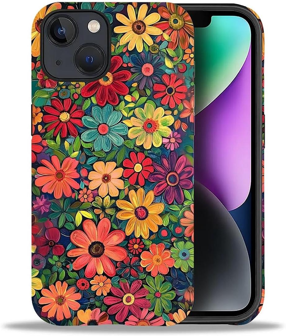 Case for iPhone 14 Plus,Colorful Red Flowers 2 in 1 Hard Shell + Silicone,Shockproof Bumper Drop Protective Compatible with iPhone 14 Plus