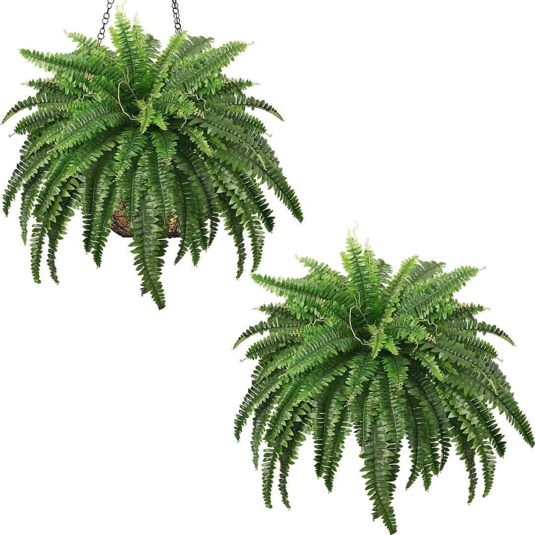 Artificial Boston Ferns, 45IN Faux Ferns Artificial Plants, 2 Large Fake Bush Plants with 59 Fronds for Outdoors Patio Hanging Planter Hotel Lobby Home Decor