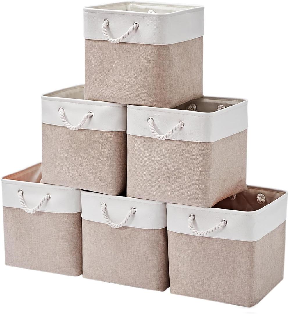 13 x 13 Inch Storage Cubes6 Pack Cube Storage Bins for ShelvesFabric Collapsible Storage Bins with Handles, Foldable Storage Basket for Organizing Clothes, Toys, Books (White&Beige)