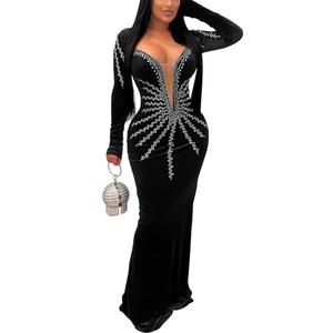 PORRCEY Women's Sexy Elegant Rhinestone Long Sleeve Velvet Maxi Dress Party Club Evening Gown(6827,Black,L)