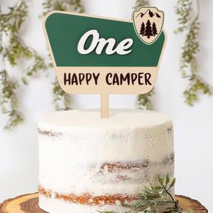 Huray Rayho National Park Cake Topper One Happy Camper Wooden Cake Smash Decor Adventure Camping Theme First 1st Birthday Party Centerpiece Mountain Hiking Sage Green Decoraiton