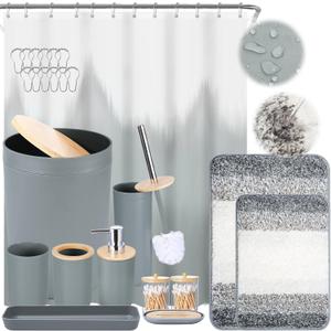iMucci Bathroom Accessories Grey Bathroom Sets with Shower Curtain and Rug, Grey Ombre Waterproof Shower Curtain with Ultra Absorbent Rug Bathroom Accessories Set for Home Decor