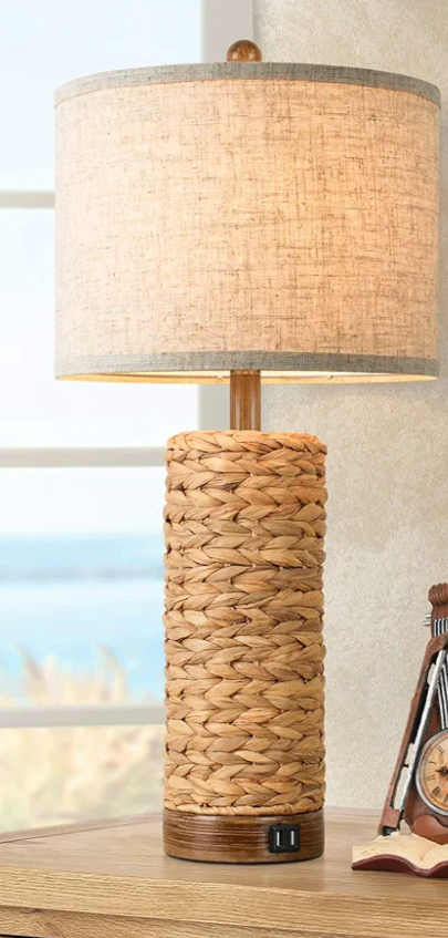 Set of 1 Rattan Table Lamps for Living Room with 2 USB Ports, 27In Tall Bedroom Lamp Costal Farmhouse, Rustic Woven Seagrass Bedside Nightstand Lamps for End Table, E26 Socket&Rotary Switch, No Bulb