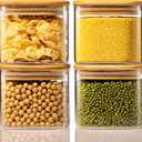 21oz - 4 Pack Square Glass Jars with Bamboo Lids, Glass Food Storage Containers with Airtight Lids, Air Tight Pantry Storage Containers for Coffee, Sugar, Spice, Meal Prep Jars for Salad & Fruit