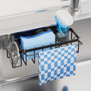 TAILI 4-in-1 Sink Caddy with Strong Suction Cup, Sponge Holder for Kitchen Sink Organizer, Removable, Rustproof, Stainless Steel Holder for Sponge, Brush, Scrubber, Scraper - Black (7.28" x 2.36")