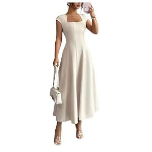 SOLY HUX Women's Wedding Guest Dress Square Neck Cap Sleeve A Line Flowy Cocktail Party Long Dresses Pure Apricot Medium