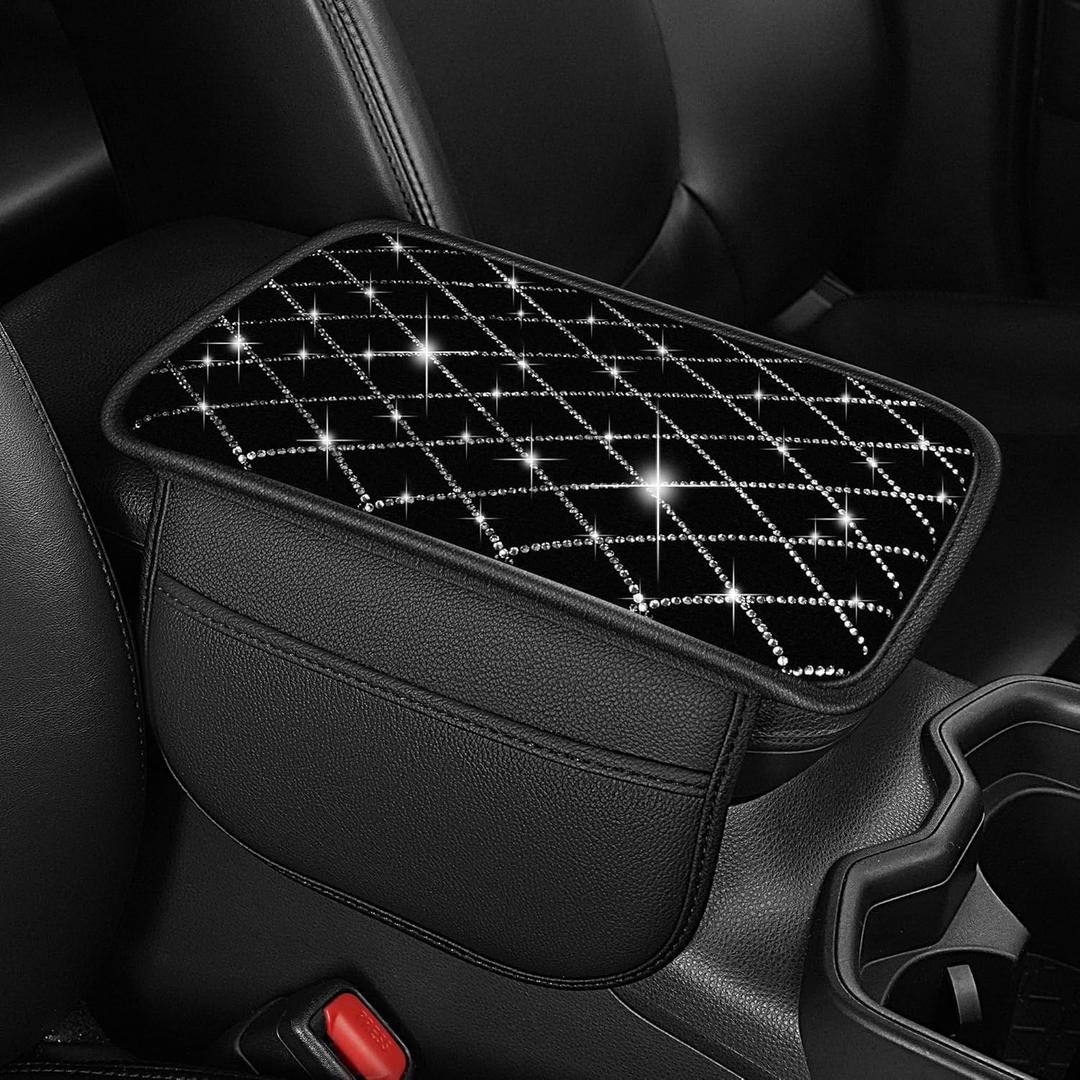 Center Console Cover Fit for Accord: Upgraded Bling Diamond Car Armrest Cover - Crystal Rhinestone Car Center Console Cover with 2 Storage Bags,Anti-Scratch Auto Armrest Pad Accessory Black