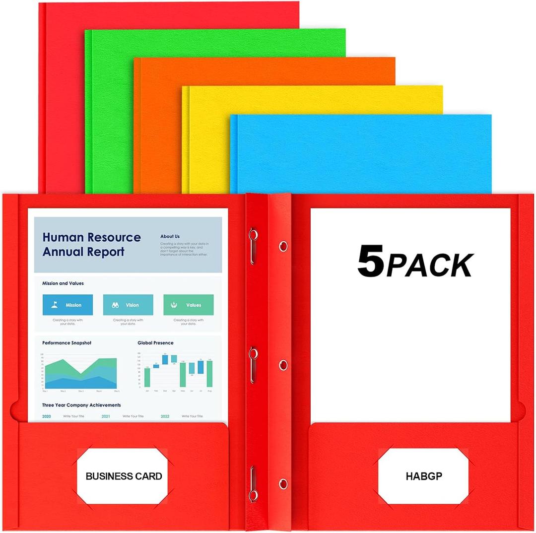 2 Pocket Folders with Prongs, 5 Pack Paper Folders with Pockets & 3 Prongs