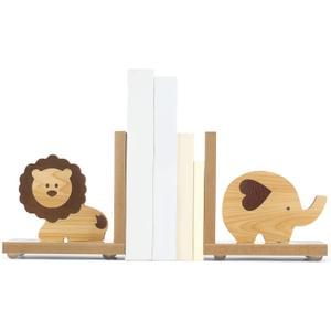Harloon 2 Pcs Animal Bookends for Kids Wooden Decor Safari Bookends Decor for Girl Children Bedroom Home(Lion Elephant)