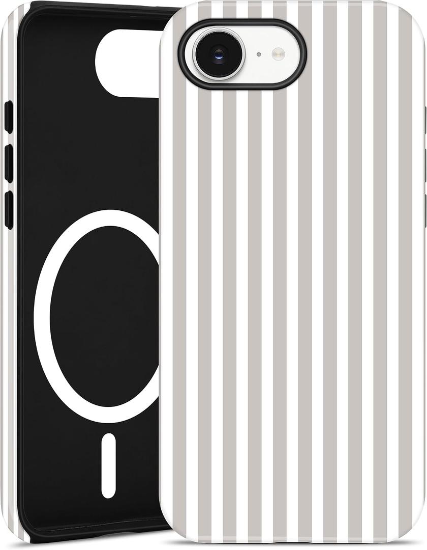 Jusy Compatible with MagSafe Striped Phone Case for iPhone 16e/17e, Cute Aesthetic Magnetic Soft TPU and Hard PC Protective Phone Cover for Women GirlsMatte - Antique White