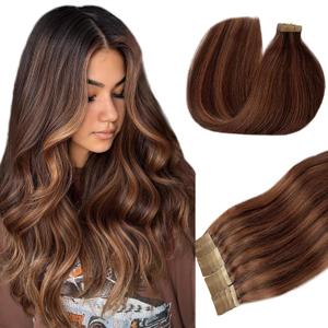 Tape in Hair Extensions Human Hair for Women Real Human Hair Tape in Medium Brown with Medium Auburn Highlights Silky Straight Tape in Hair Extensions 16inch 20pcs 30g