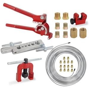 Wadoy Brake line Flaring Tool kit Include 25 FT 3/16" Silver Color Copper Coated Brake Line with Fittings,Brake line Bender,Single Flare Tool with Cutter,Brake Line Bender 26PCS