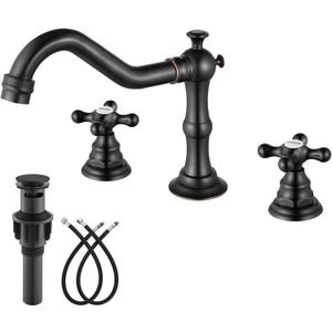 gotonovo Bathroom Faucet 3 Hole 8 Inch Widespread Bathroom Sink Faucet 2 Cross Handles Vintage Lavatory Vanity Mixer Tap with Pop Up Drain, HOT Cold Label, Oil-Rubbed Bronze