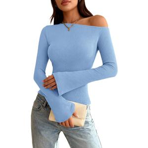Zenlonr Long Sleeve Shirts for Women 2025 Fall Off The Shoulder Tops Casual Slim Fitted Knit T-Shirt Y2K Clothes, XS