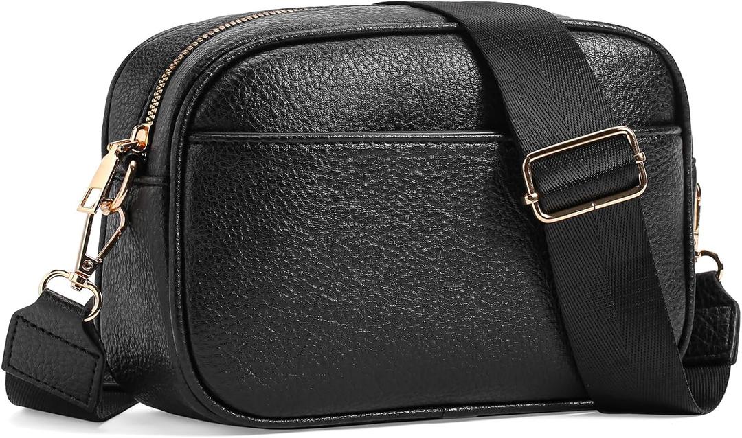 GAEKEAO Small Crossbody Bags for Women Vegan Leather Wide Strap Trendy Design Camera Bag Purse Shoulder Handbag Travel (9925- Black)