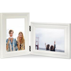 Vertical Horizontal Combo, Double 5x7 White Wood Art Picture Frame, Foldable Opening 4.5x6.5 Photo Frame, Portrait and Landscape View Standing on Desk