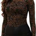 Womens Mesh Long Sleeve Tops Mock Neck Sexy Sheer See Through Tee Shirts Party Club Night Lace Blouse (Black, S)