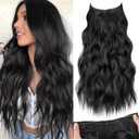 KooKaStyle Invisible Wire Hair Extensions with Transparent Headband Adjustable Size 4 Secure Clips Black Long Wavy Hairpiece 20 Inch for Women