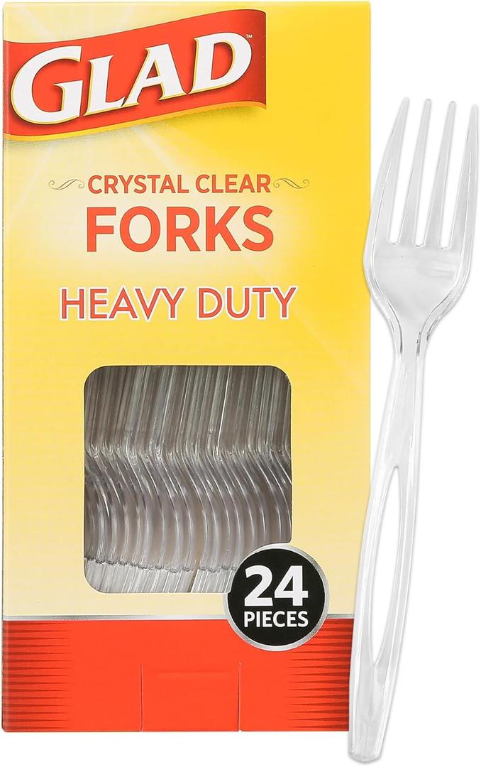 Glad Clear Heavy Duty Plastic Forks, Reduced-Plastic Open Handle, Break-Resistant Disposable or Top-Rack Reusable Cutlery for Parties, Camping & Everyday Meals, Standard Size, 24 Count