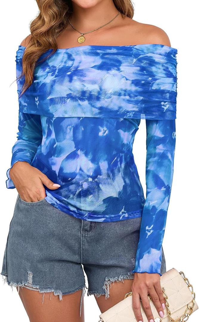 ZAFUL Women's Sexy Off The Shoulder Mesh Tops Sheer Stretchy Shirts Party Going Out Blouse (Blue, S)