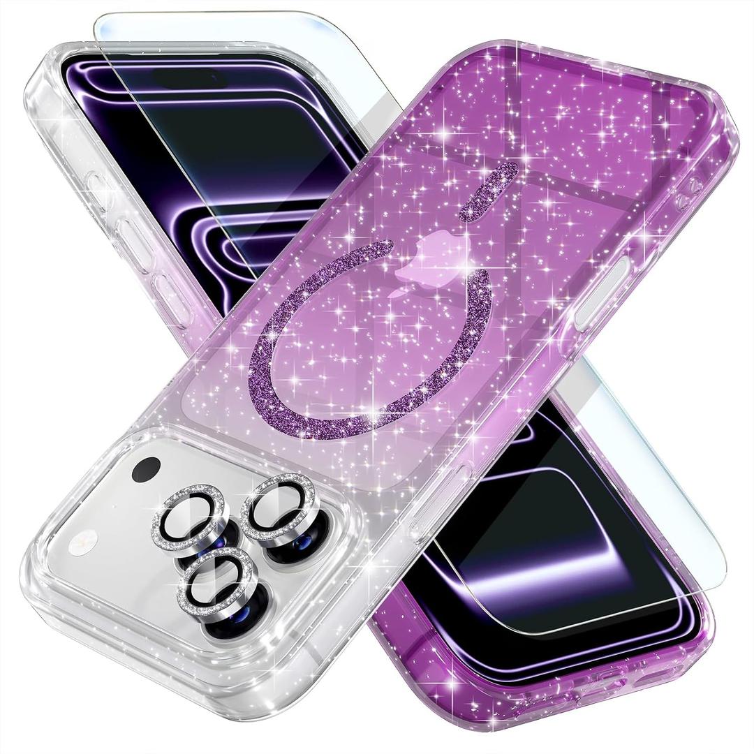 Choiche Magnetic for iPhone 17 Pro Case Women Phone Case, Compatible with Mag-Safe, Cute Bling Sparkly, Military Grade Protection, with Diamond Camera Lens Covers, 6.3-inch, Glitter Clear/Purple
