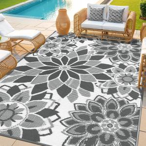 LOKHOM Outdoor Rug for Patio 6x9 ft Reversible Plastic Straw Patio Camping Rug, Floral Waterproof RV Mat for Camper Indoor Outdoor Carpet for Deck Porch Picnic Beach Balcony Backyard, Grey & White