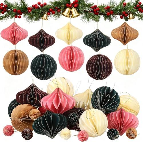 TecUnite 50 Pcs Christmas Paper Honeycomb Ornaments for Tree Vintage 3D Mini Glitter Edge Paper Christmas Ornament Honeycomb Tree Hanging Neutral Boho Holiday Xmas Party Decoration(Boho)
