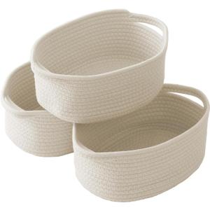 JMvicyroam Woven Basket,Small Rope Storage Bin with Handles & Ribbon Bag, Organizer for Shelves Closets,Gift Basket Empty for Birthday,Books,Dog Toys,White/3 Pack