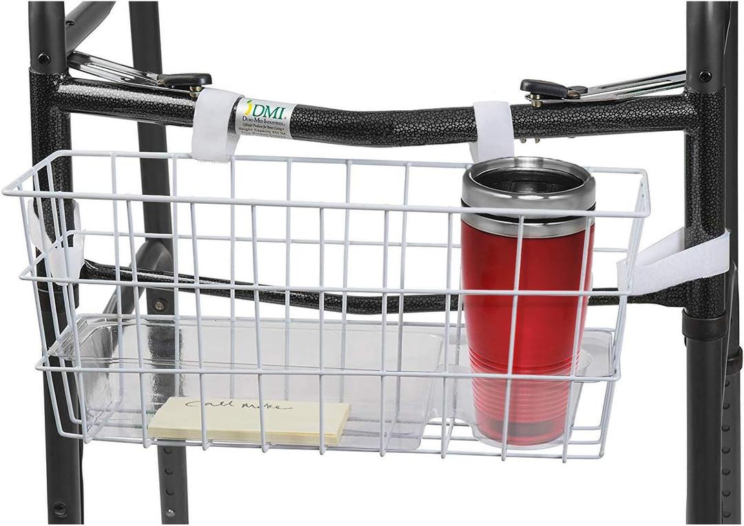 HealthSmart Walker Storage Basket with Cup Holder and Insert Tray, No Tools Needed, White, 16 x 5.5 x 7, Walker Accessories
