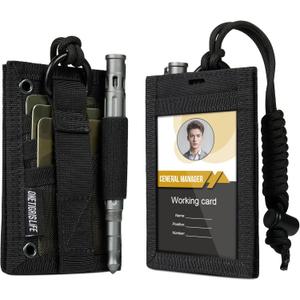 OneTigris Tactical ID Card Holder Hook & Loop Patch Badge Holder Neck Lanyard Key Ring and Credit Card Organizer (Black)