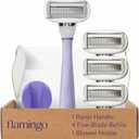 Flamingo Shaving Razor Set for Women - Original Razor Handle, 3 Blade Refills, and Shower Holder - Lilac