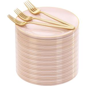 Rubtlamp 200Pcs Plastic Pink Dessert Plates with Disposable Gold Forks,Heavy Duty Pink Disposable Salad Platos,Gold Small Platos,Fancy Appetizer Plates for Mother's Day
