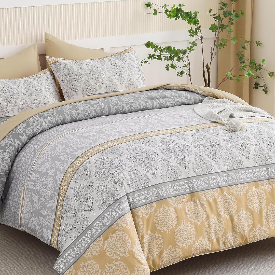 Menghomeus Boho Comforter Set King Size 7 Piece Bed in a Bag Yellow and Grey Bed Comforter Set Bohemian Paisley Striped Design Soft Microfiber Bedding Sets for All Season