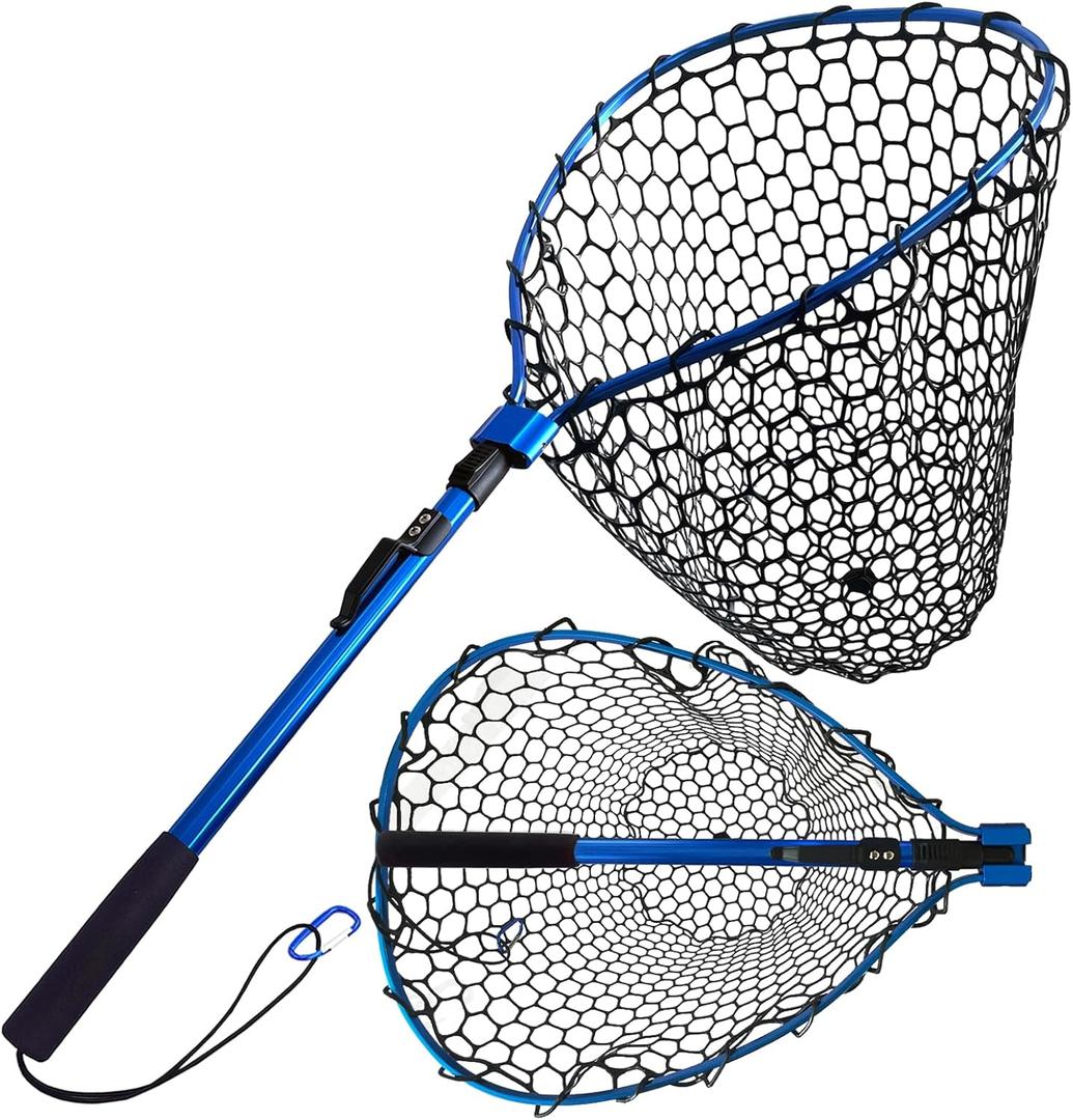 SEASPRO Foldable Rubber Fishing Net with Handle 37 47 Red Blue Telescoping Fish Net - Adjustable Length Lightweigh Collapsible Extendable Fishing Net (1-section pole | net depth 50cm)