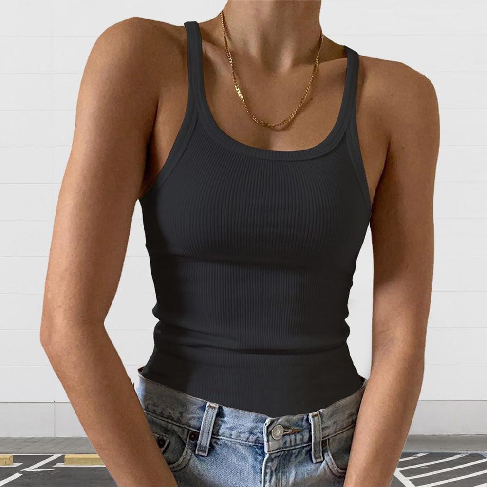Women's Sleeveless Scoop Neck Tank Top - Form Fitting Ribbed Knit Cami (Black) S