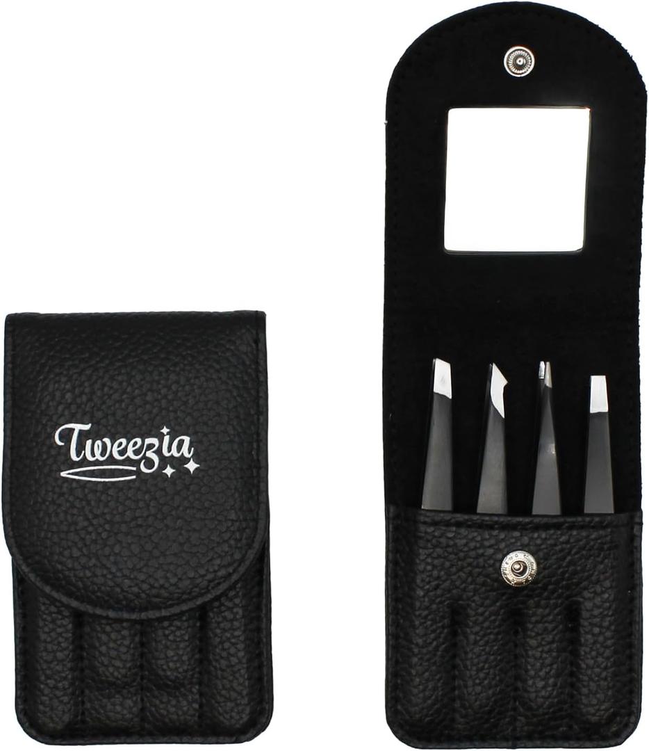 TWEEZIA Stainless Steel Tweezer Set - 4 Precision Tweezers with Mirror & Leather Case - Ideal Eyebrow Kit, Ingrown Hair Tweezers, Splinter Removal Kit or Pointed Tweezers for Beauty and Personal Care