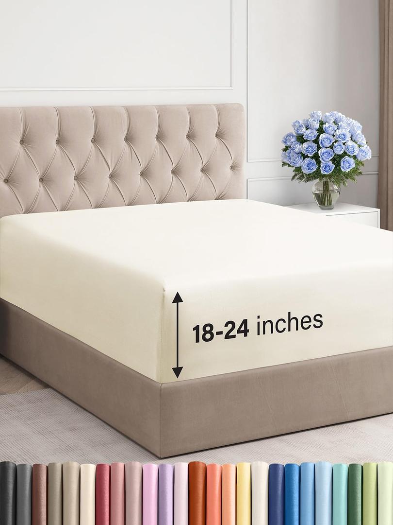 Extra Deep Cal King Fitted Sheet - Hotel Luxury Single Fitted Sheet Only - Easily Fits 18 inch to 24 inch Mattress - Ultra Soft, Wrinkle Free with Extra Deep Pockets - Breathable & Comfy - Off White