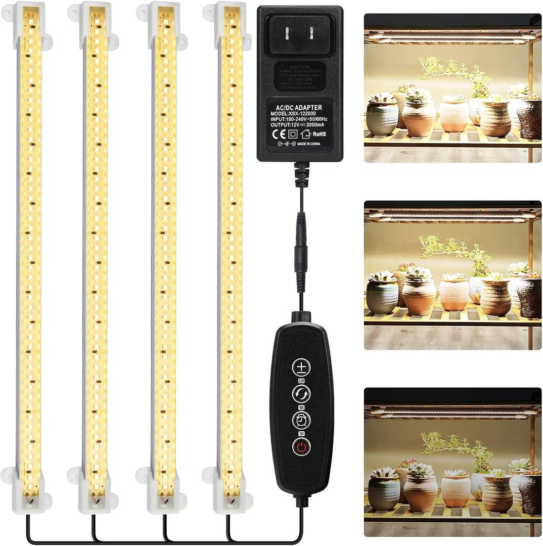 Mosthink Grow Lights for Indoor Plants Full Spectrum, 5500K LED Grow Lights Strips,Plant Lights for Indoor Growing with Auto Timer 3 6 12H,4 Packs in 1 (White)