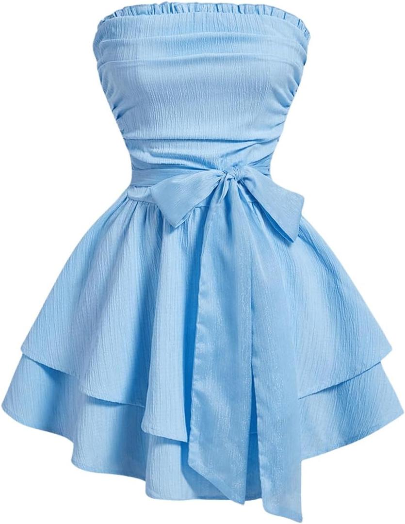 Milumia Women's Bow Front Frill Shirred Tube Dress Flared A Line Short Dresses (Medium, Blue)